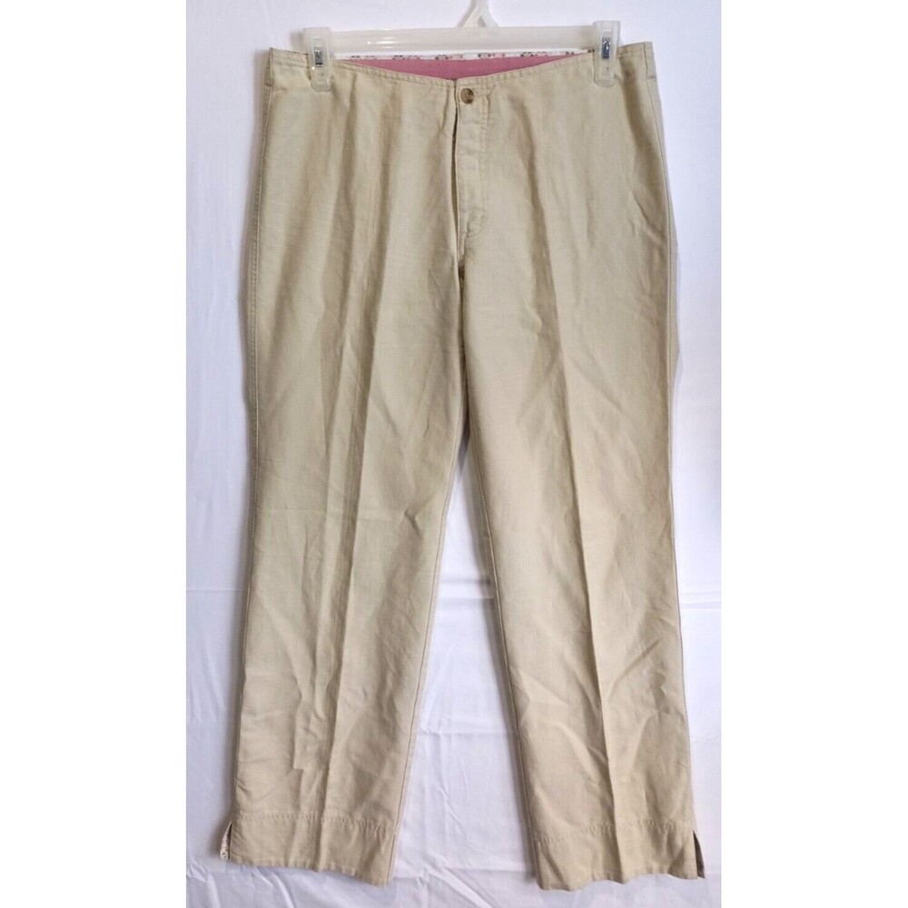 Horny Toad Women's Beige Linen Cotton Pants Size 10 Floral Pant Cuffs Flat Front